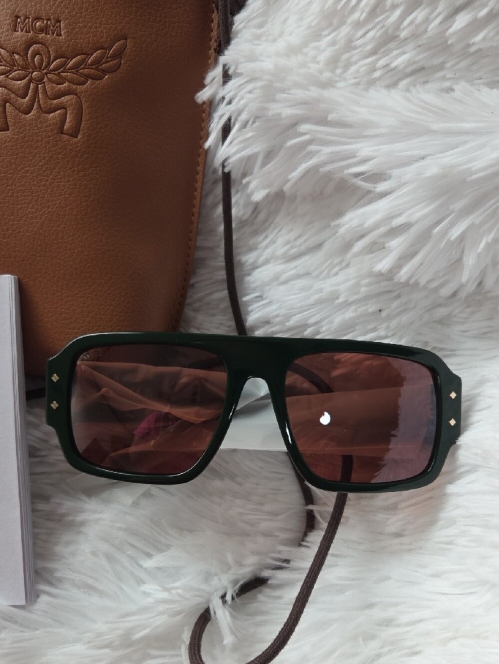 MCM Brown Leather Crossbody Pouch with Dark Green Sunglass Case - Picture 2 of 5
